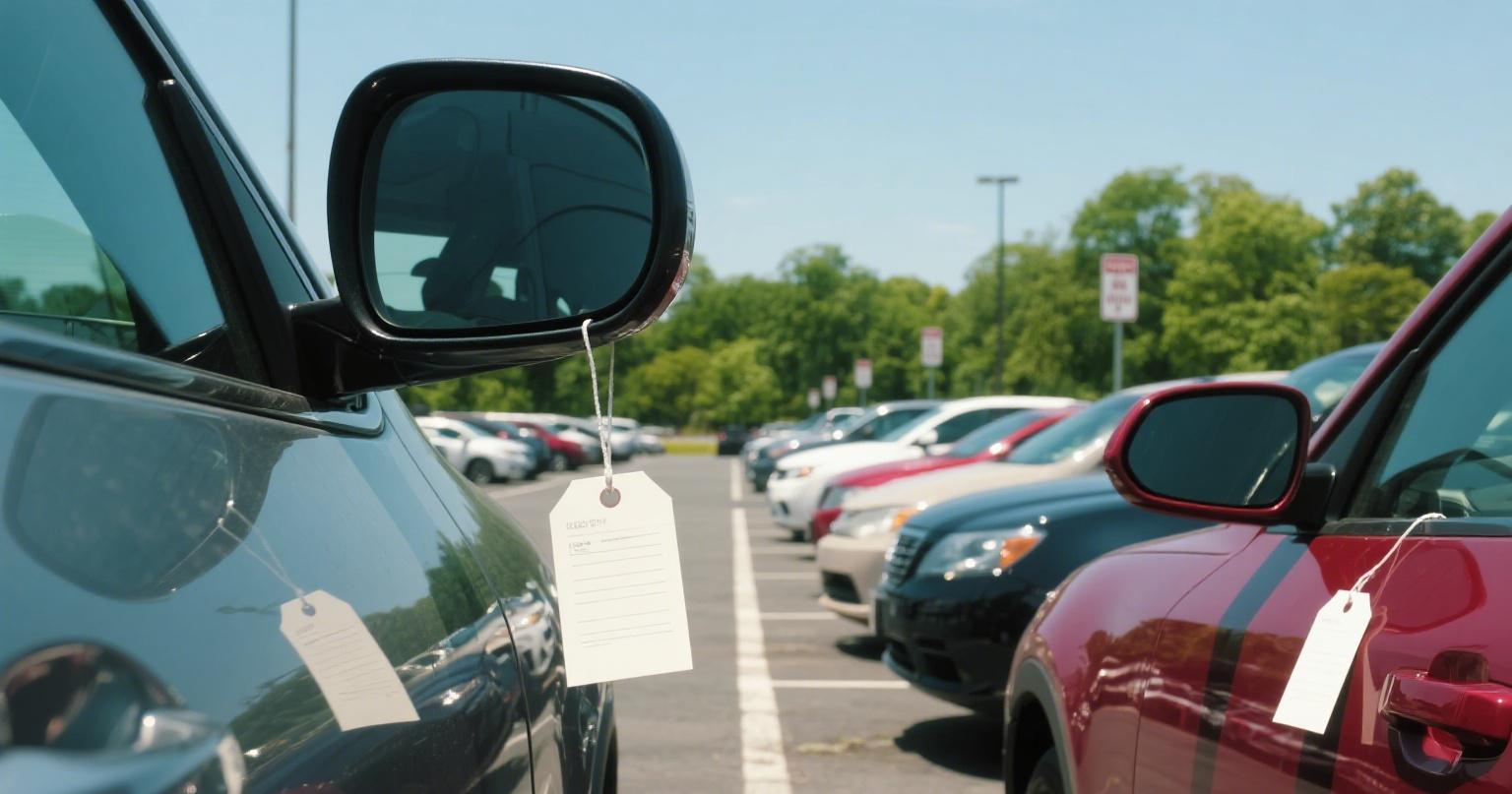 Cars with hang tags for cars in parking lot